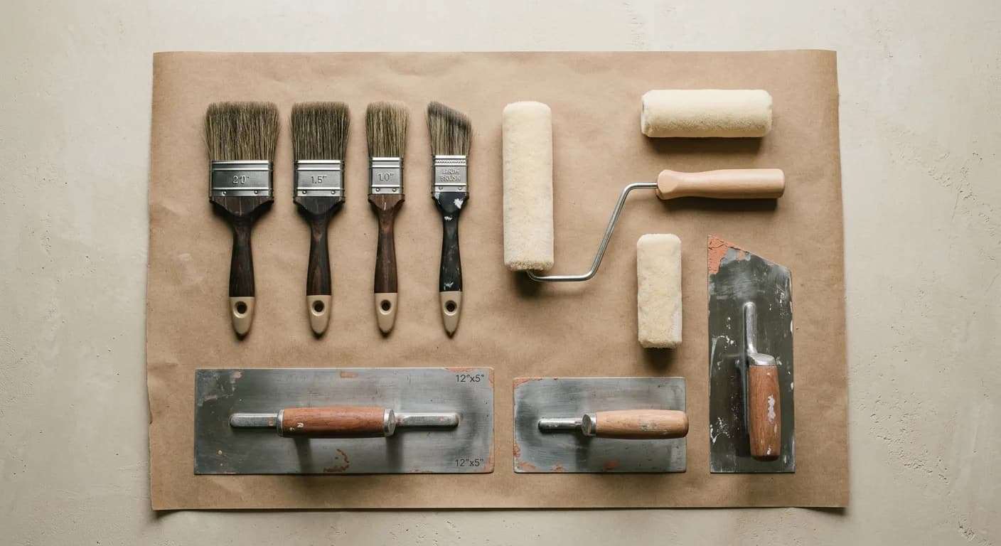 Outils de précision : pinceaux, rouleaux velours et truelles inox