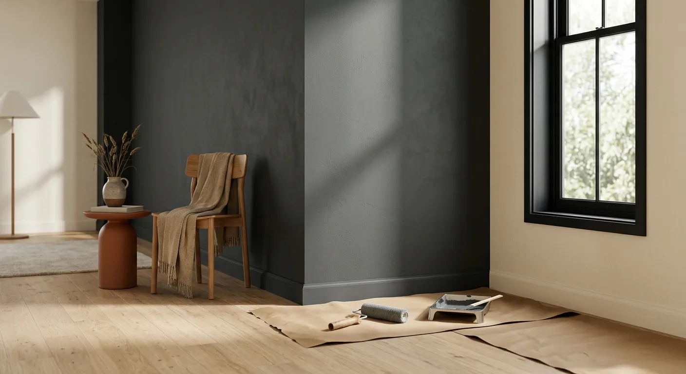 Intérieur luxembourgeois fraîchement peint dans des teintes Farrow & Ball anthracite et crème